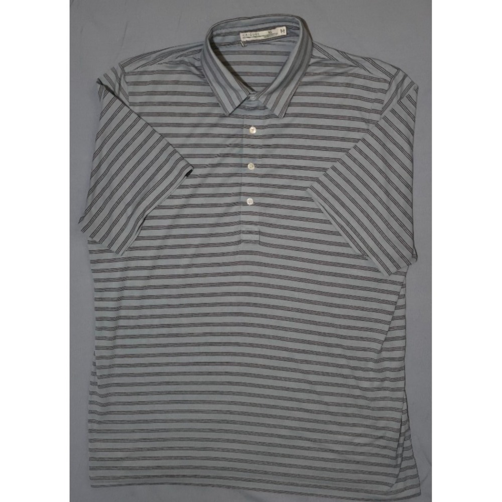 Criquet Mens XL Players Polo 4 Button Short Sleeve Blue Striped Pima Cotton